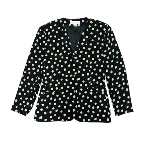 Christian Dior Vintage Silk Blazer Jacket Women's Size 8 Black Tan Polka Dot Top - Picture 1 of 12